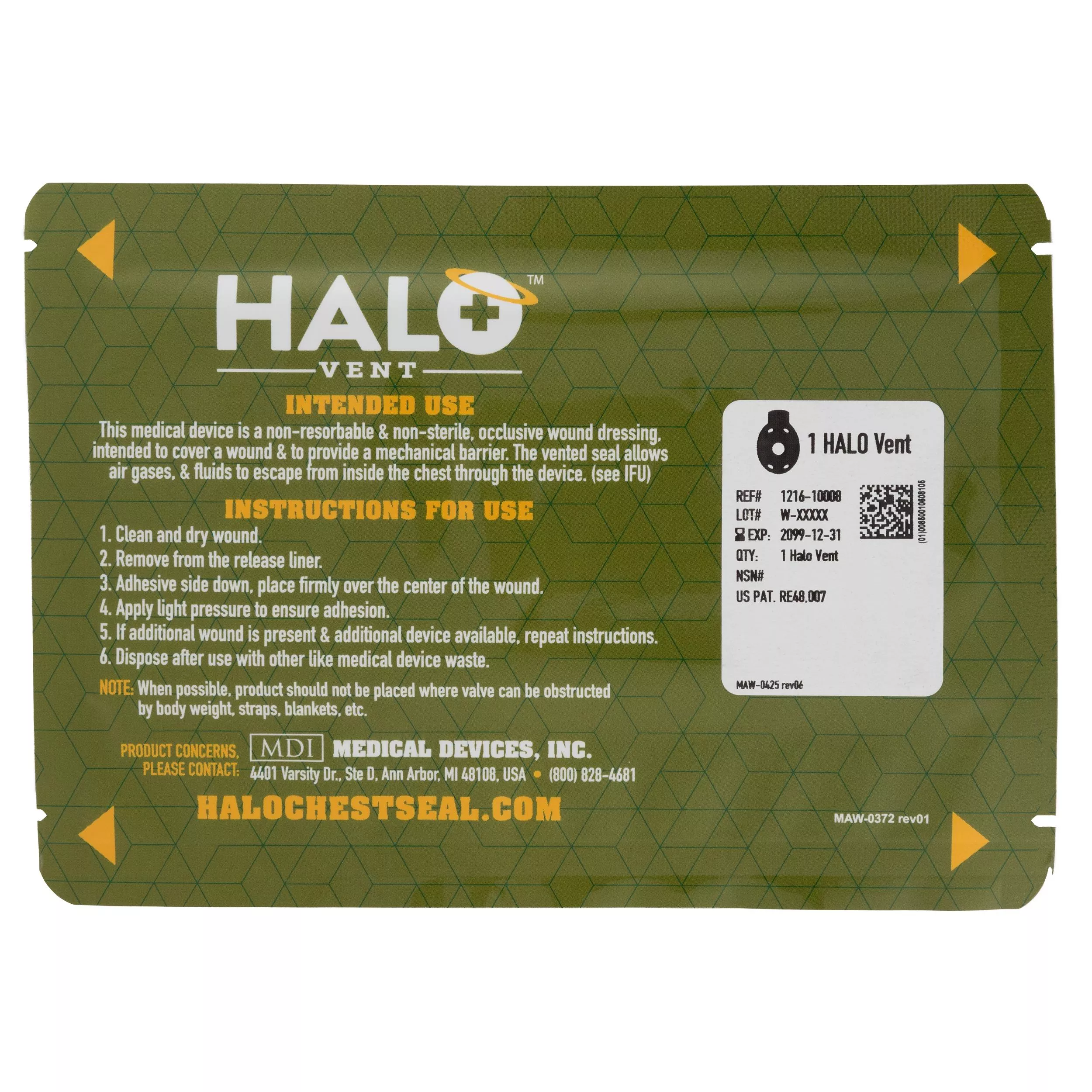 HALO Vent IFAK Single Pack, Package 7” x 5”